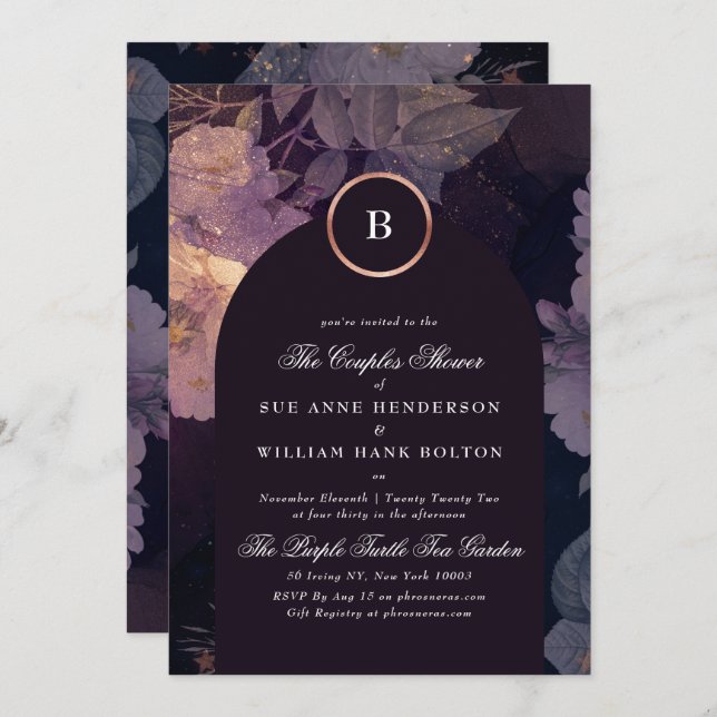 Invitación Elegante Arco floral Oscuro Rosa Parejas de Oro (Anverso / Reverso)