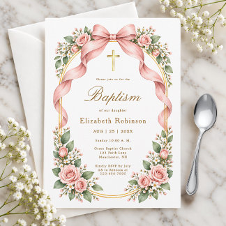 Invitación Elegante Arco Floral Rosa Bautizo