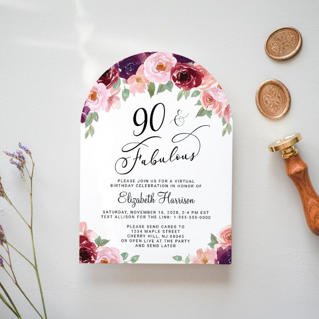 Invitación Elegante arco floral virtual 90 de cumpleaños (Subido por el creador)