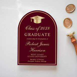 Invitación Elegante Arco Foto Burgundy Gold Graduation Party