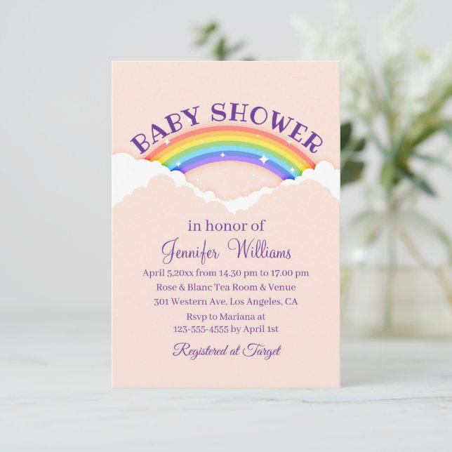 Invitación elegante arco iris lindo y nubes ducha de bebé ros (Anverso de pie)