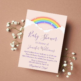 Invitación elegante arco iris y nubes ducha de bebé rosa púrp