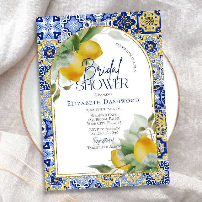 Invitación Elegante Arco Italiano Blue Tile Lemon Bridal Duch (Subido por el creador)