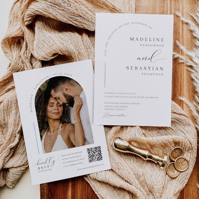 Invitación Elegante Arco Moderno Boda Mínimo QR Código Foto (Subido por el creador)