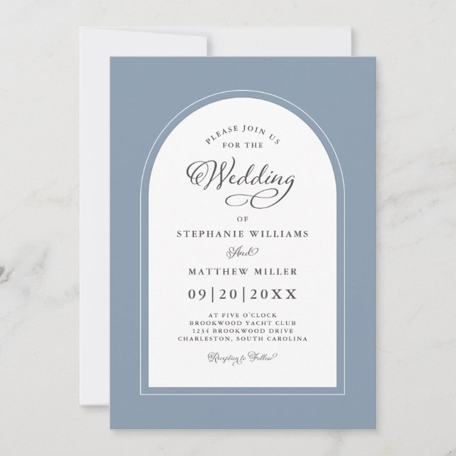 Invitación Elegante Arco Moderno caligrafía Boda Dusty Blue (Anverso)