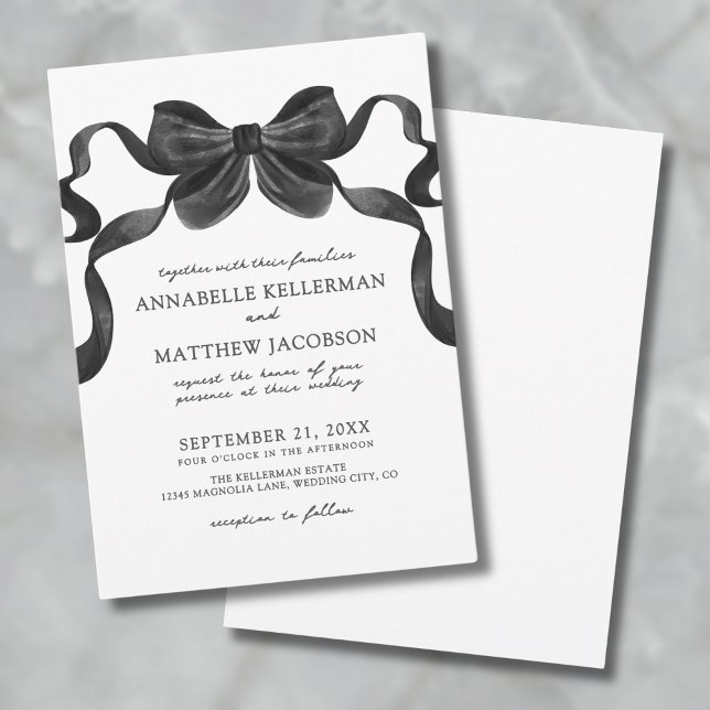 Invitación Elegante Arco Negro y Blanco de Boda (Elegant Ribbon Bow Black And White Wedding Invitation)