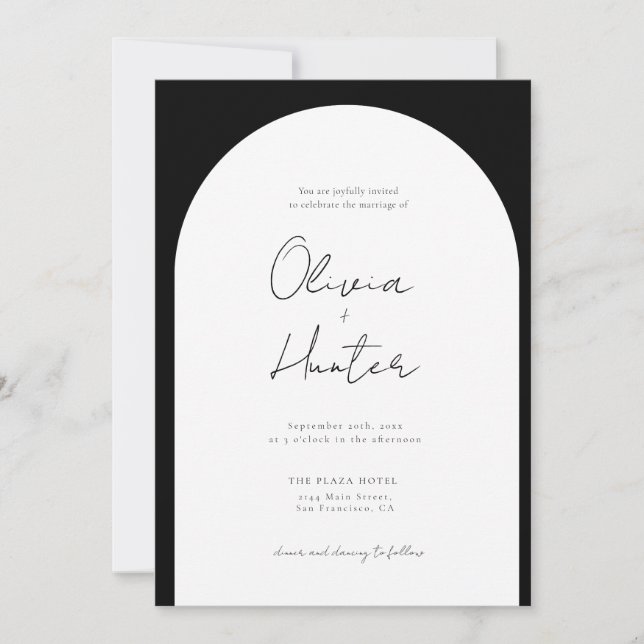 Invitación Elegante Arco Negro y Boda Blanco (Anverso)
