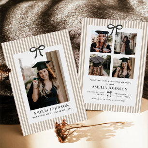Invitación Elegante Arco Neutro Rayado Foto Graduación