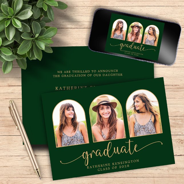Invitación Elegante Arco Oscuro Oro Verde Oro 3 Graduación de (Elegant Arch Dark Green Gold 3 Photo Graduation Invitation)