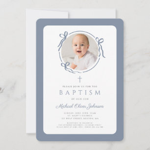 Invitación Elegante Arco Polvoriento Azul Foto Niño Bautizo