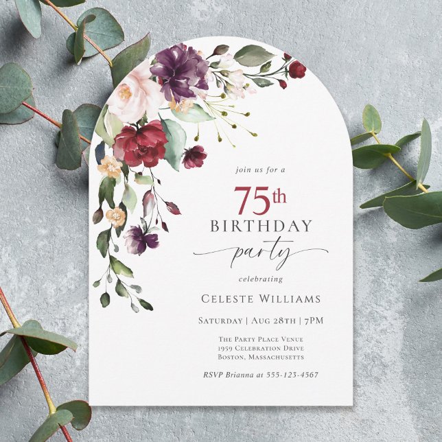 Invitación Elegante arco rojo y morado floral 75 cumpleaños (Available in both printed and instant download digital formats.)