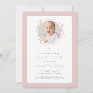 Invitación Elegante Arco Rosa Beige Foto Niña Bautizo