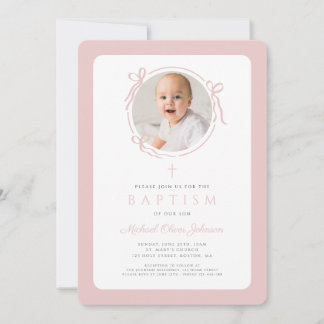Invitación Elegante Arco Rosa Beige Foto Niña Bautizo