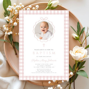 Invitación Elegante Arco Rosa Beige Foto Niña Bautizo