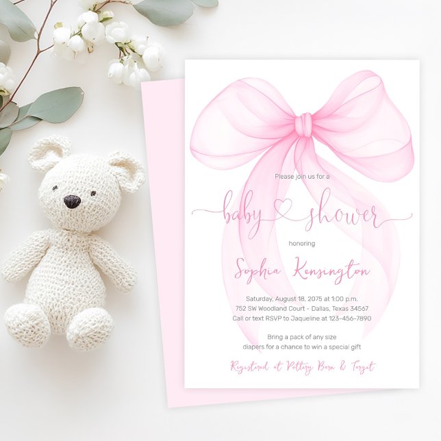 Invitación Elegante Arco Rosa Cumpleaños de Bebé (Delicate pink bow baby shower invitation. Simply add your event details.)