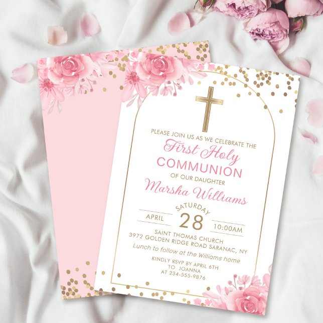 Invitación Elegante Arco Rosa Dorado Floral Primera Comunión  (Subido por el creador)