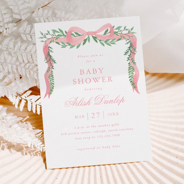Invitación Elegante arco rosado con Baby Shower Chica verde (Elegant Pink Bow Greenery Girl Baby Shower Invitation.)
