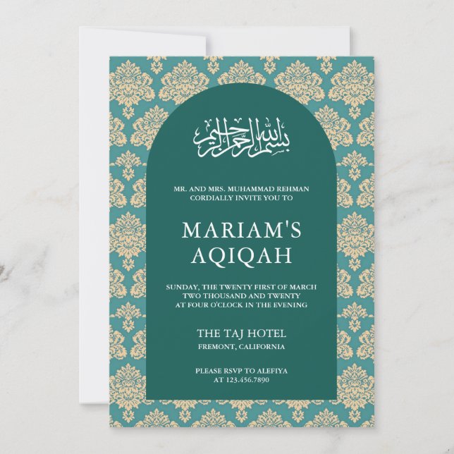 Invitación Elegante Arco Verde azulado Damasco Árabe Aqiqah (Anverso)