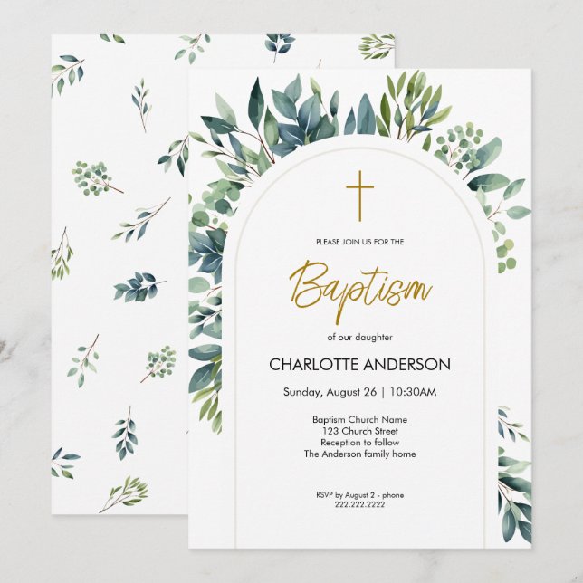 Invitación Elegante Arco Verde Floral Foliage Baptismo (Anverso / Reverso)
