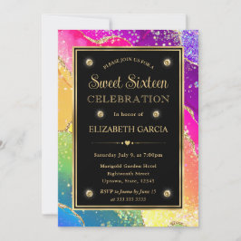 Invitación Elegante Arcoíris Brillo Ágata y Dulces 16 de Oro