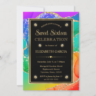 Invitación Elegante Arcoíris Brillo Ágata y Dulces 16 de Oro