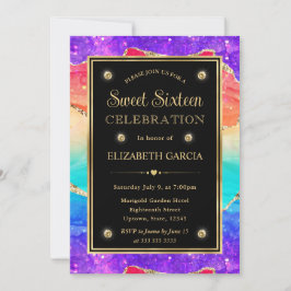 Invitación Elegante Arcoíris Brillo Ágata y Dulces 16 de Oro