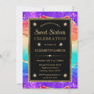 Invitación Elegante Arcoíris Brillo Ágata y Dulces 16 de Oro