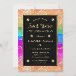 Invitación Elegante Arcoíris Brillo Ágata y Oro Dulces 16