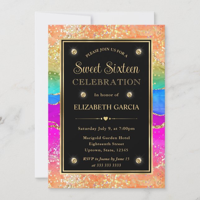 Invitación Elegante Arcoíris Brillo Ágata y Oro Dulces 16 (Anverso)