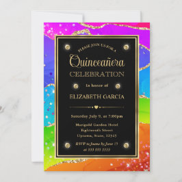 Invitación Elegante Arcoíris Brillo Ágata y Oro Quinceañera