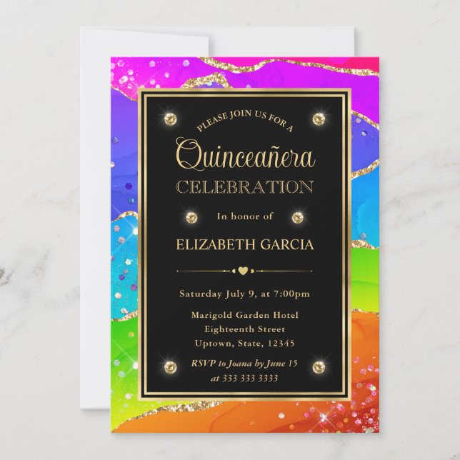 Invitación Elegante Arcoíris Brillo Ágata y Oro Quinceañera (Anverso)