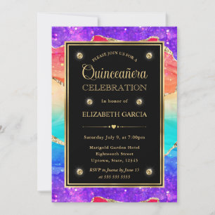 Invitación Elegante Arcoíris Brillo Ágata y Oro Quinceañera