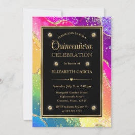 Invitación Elegante Arcoíris Brillo Ágata y Oro Quinceañera