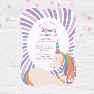 Invitación Elegante arcoiris mágico Chica unicornio primer cu