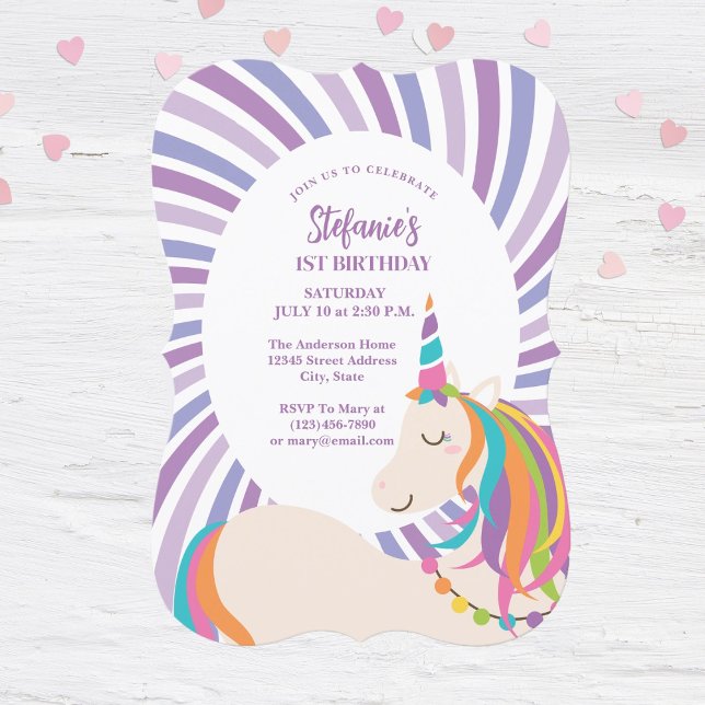 Invitación Elegante arcoiris mágico Chica unicornio primer cu (Subido por el creador)