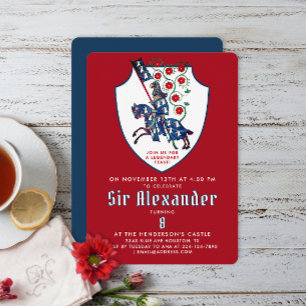 Invitación Elegante Armadura Medieval Caballero Justa Rojo Bl
