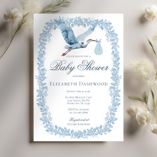 Invitación Elegante armazón de tela floral azul Stork Baby Sh