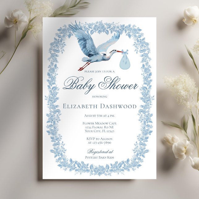 Invitación Elegante armazón de tela floral azul Stork Baby Sh (Subido por el creador)