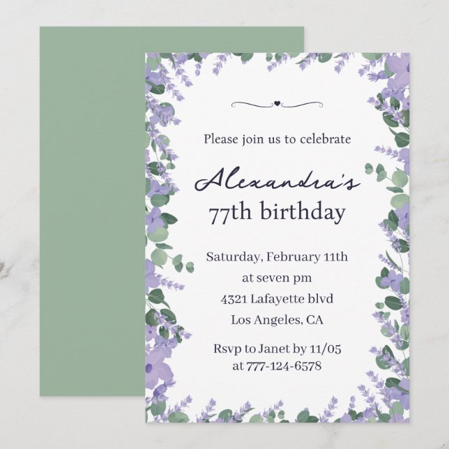 Invitación Elegante armazón floral de lavanda 77 años (Anverso / Reverso)