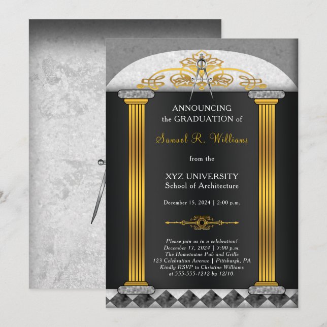 Invitación Elegante Arquitecto Arquitectura Compass Graduació (Anverso / Reverso)