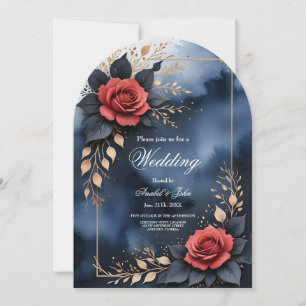 Invitación Elegante arreglo rosa con follaje dorado