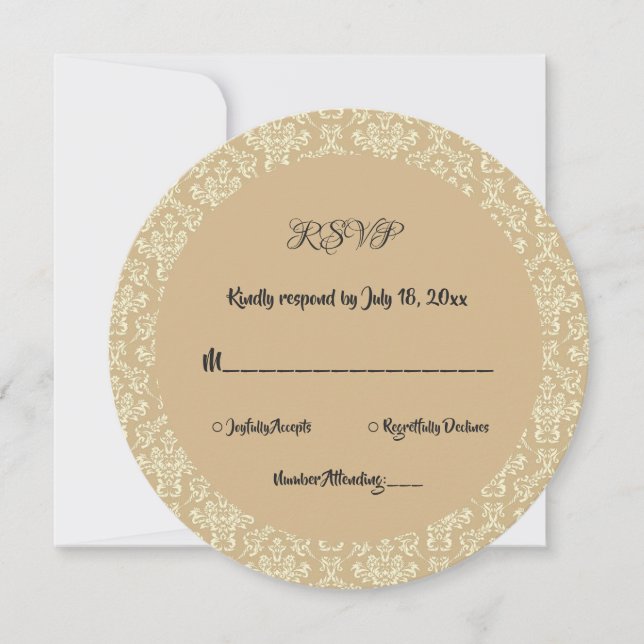 Invitación Elegante Art Deco Beige Damask Round Wedding RSVP (Anverso)