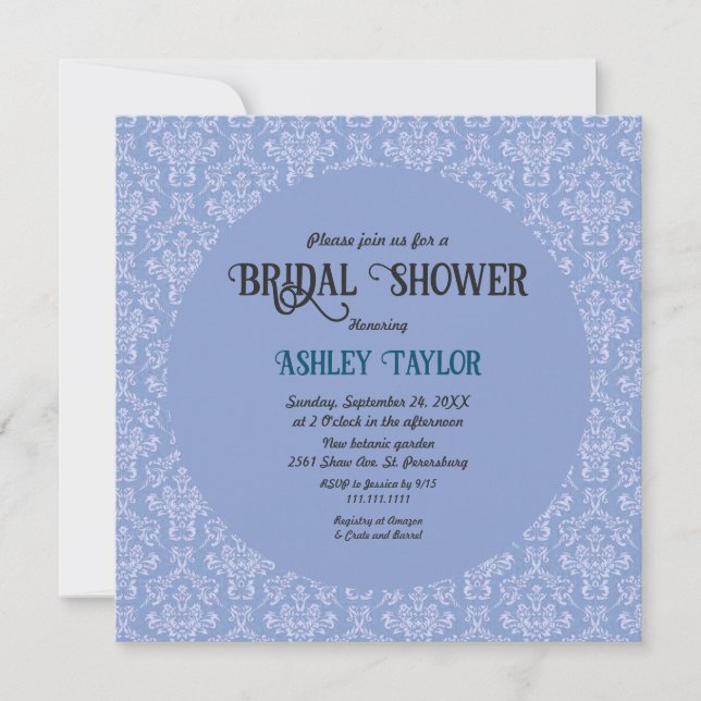 Invitación Elegante Art Deco Blue Damask Ducha Formal Bridal (Anverso)