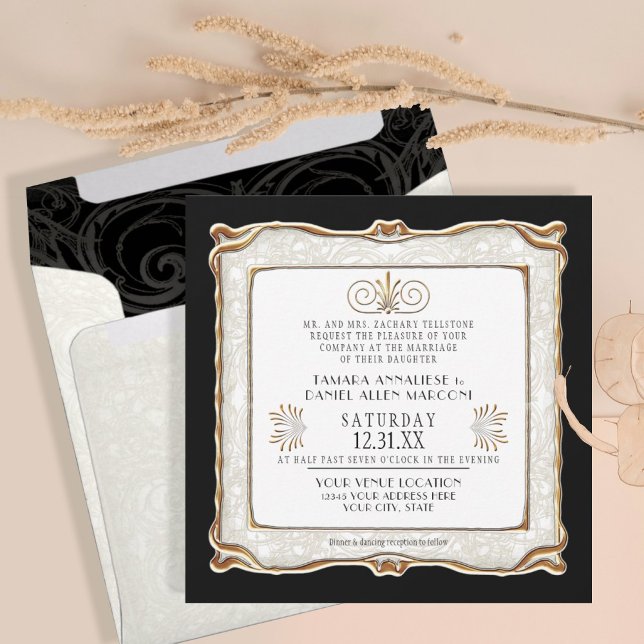 Invitación Elegante Art Deco Negro Oro Nouveau Gatsby Boda (Subido por el creador)