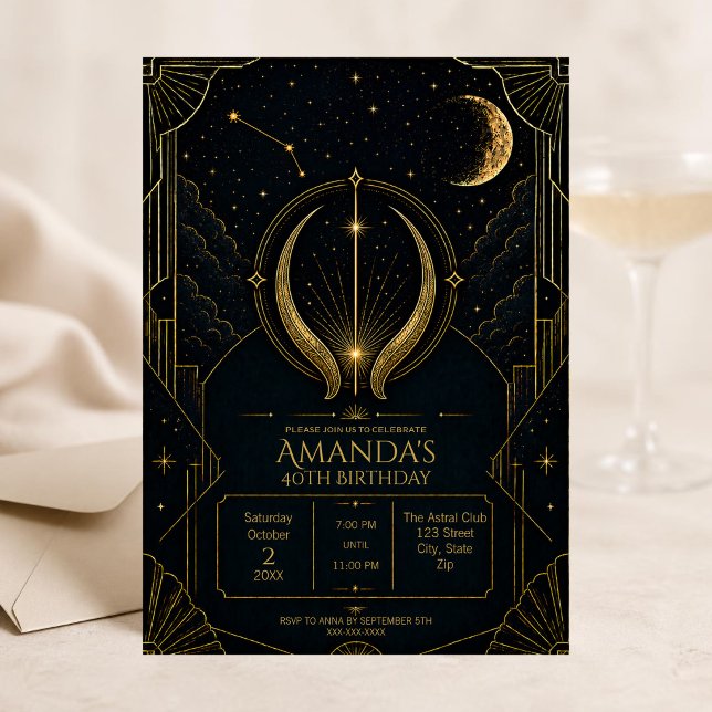Invitación elegante Art Deco para cumpleaños 40 de (Dark Art Deco Taurus zodiac 40th birthday invitation featuring celestial details, vintage-inspired)