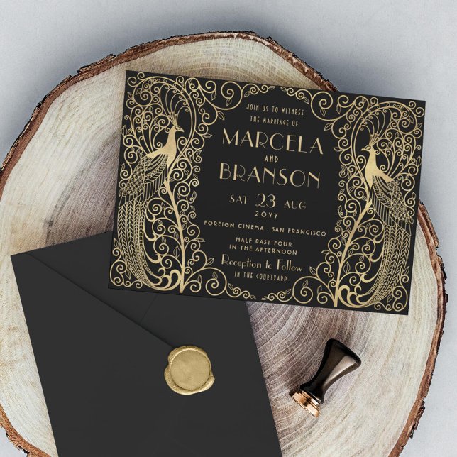Invitación Elegante Art Deco Peacocks Boda Oro sobre Negro (Subido por el creador)
