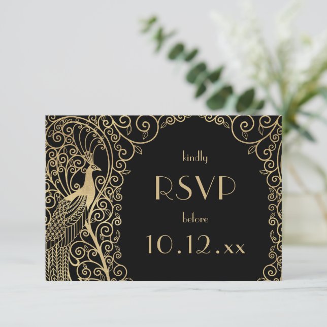 Invitación Elegante Art Deco Peacocks Gold RSVP (Anverso de pie)