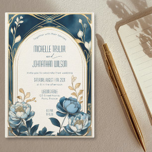 Invitación Elegante Art Nouveau Azul Peonies Mucha