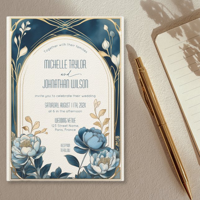 Invitación Elegante Art Nouveau Azul Peonies Mucha (Blue peonies with an arched art nouveau frame wedding invitation)