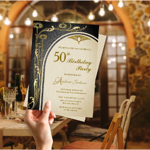 Invitación Elegante Art Nouveau Black & Gold Floral Cumpleaño